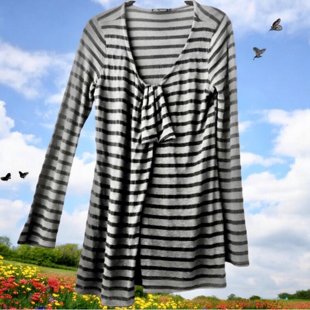Ella Moss Striped Linen Blend Knit Long Sleeve Tunic Top Flap Tie Accent Size L